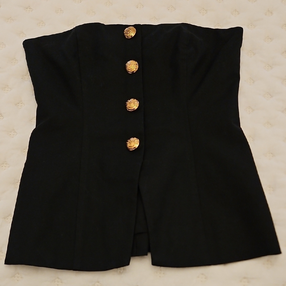 Veronica Beard Black Strapless Top with Gold Buttons